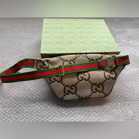 GUCCI Monogram Jumbo GG Textured Dollar Calfskin Web Belt Bag - Picture 4 of 16